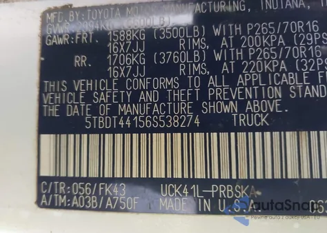 2006 Toyota Tundra Sr5 V8 из США, поврежденный, VIN 5TBDT44156S538274